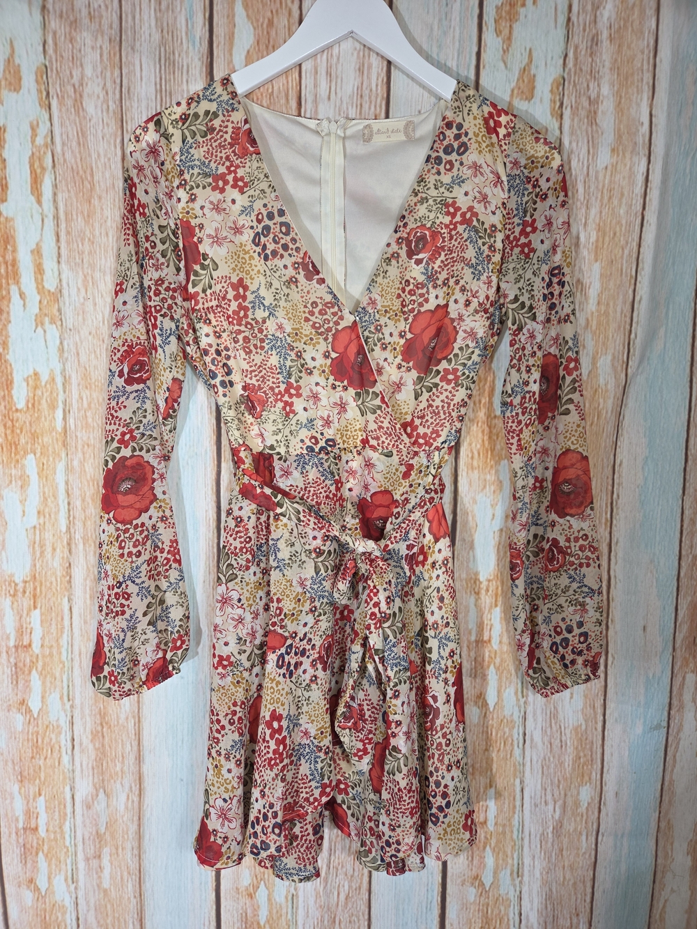 Altar'd State Cream Floral Long-Sleeve Wrap Dress with Red Blooms. Size XS